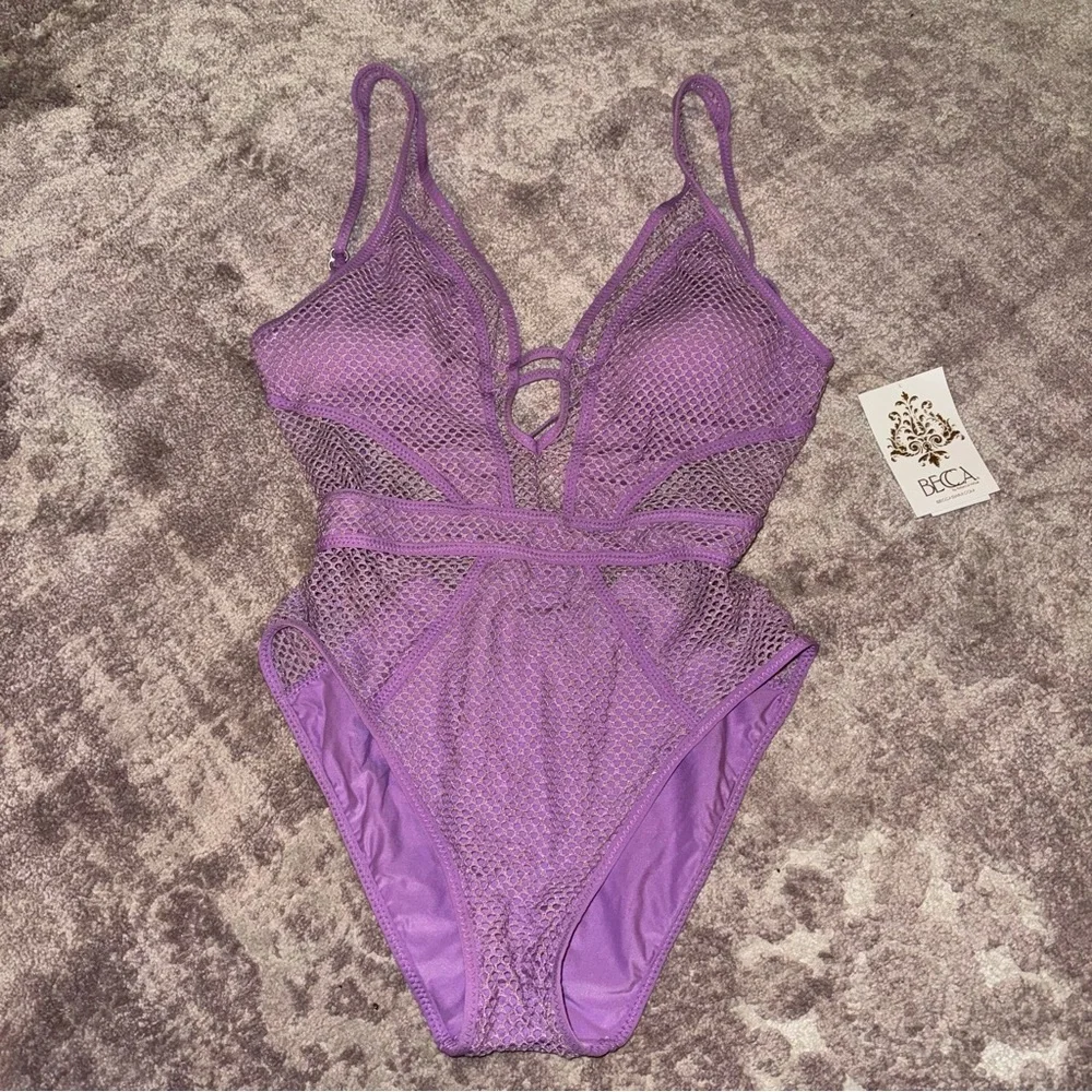 BECCA Small Network Show And Tell Plunge Shimmer Lilac Purple One Piece Swimsuit